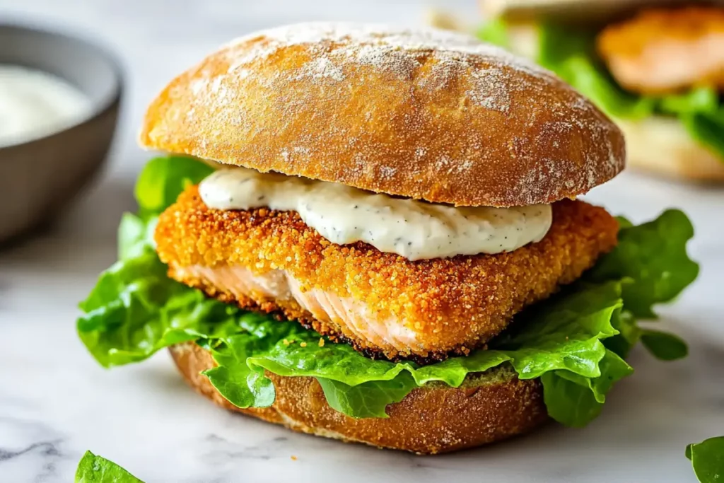 Grilled salmon fish sandwich with lettuce and tomato on a toasted bun, served on a plate with a side of lemon wedges.