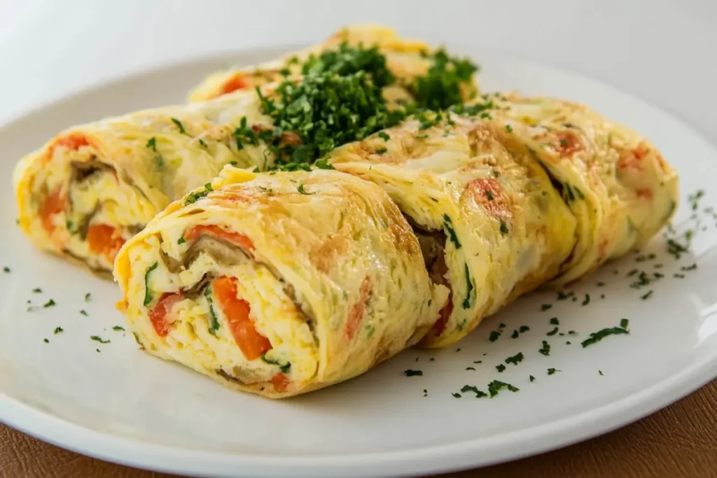 A sliced veggie omelette roll filled with colorful vegetables on a white plate