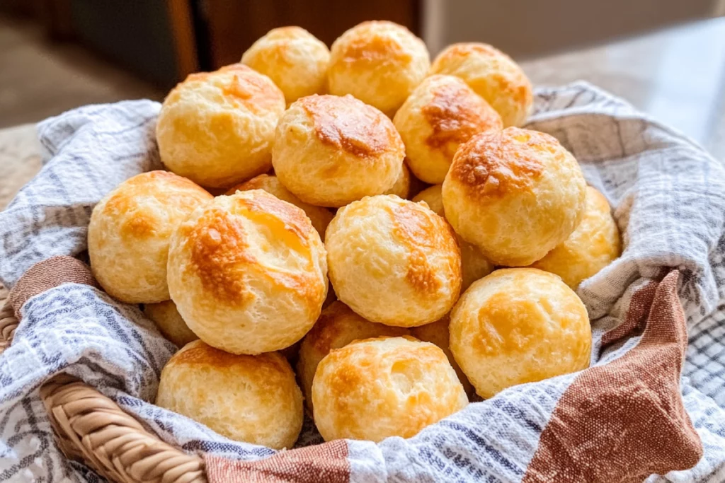 Golden brown Brazilian cheese bread balls stacked on a plate.