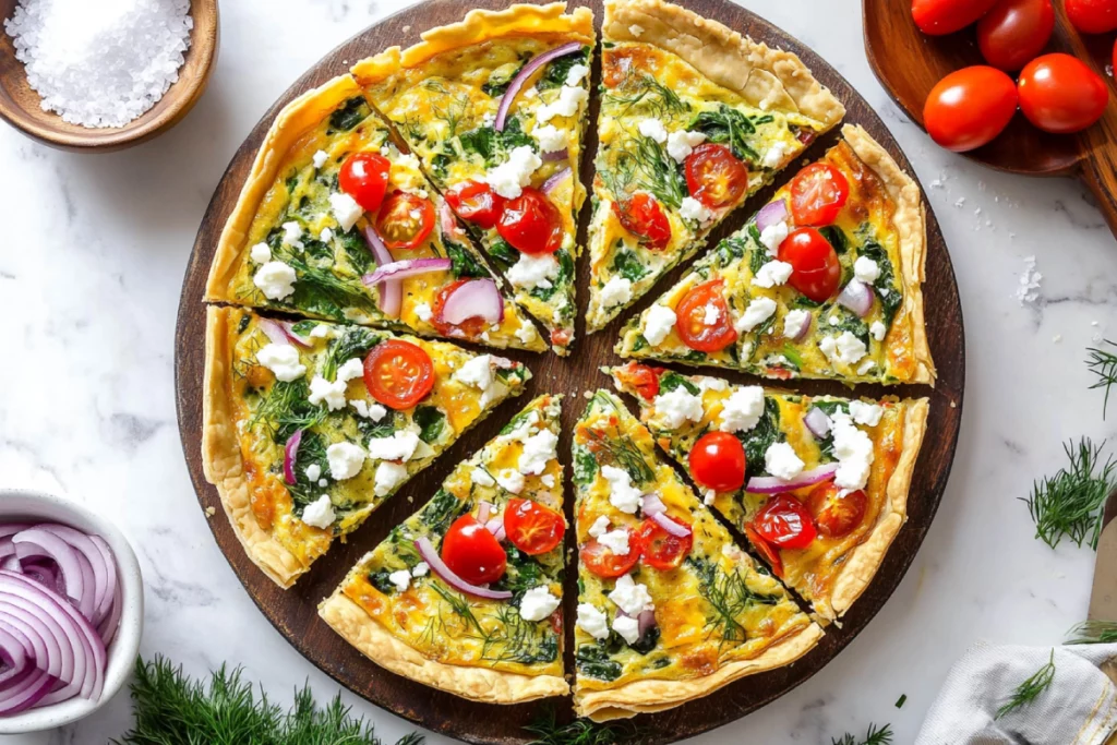 A golden-brown tortilla quiche bake with a crispy crust, filled with eggs, cheese, veggies, and herbs, served in a ceramic baking dish.