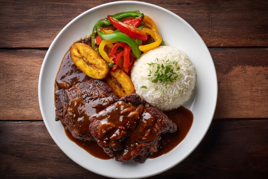 Peppered steak Jamaican served with rice and peas and plantains