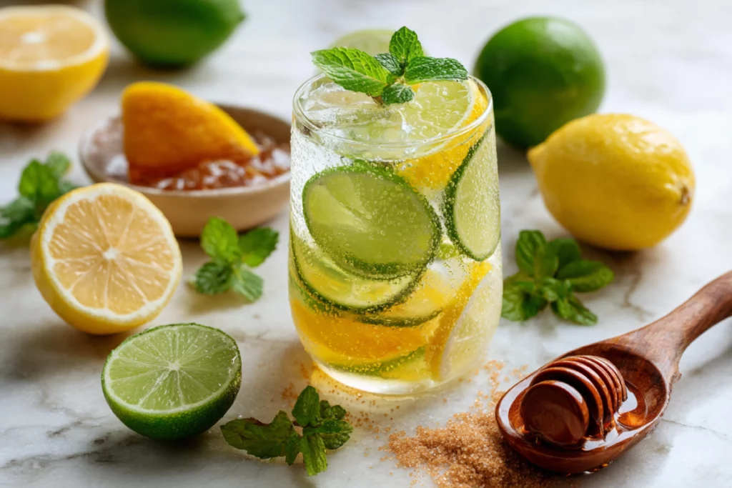 Glass of natural smoothie made with ginger, cinnamon, and apple cider vinegar, ingredients used as a natural alternative to Mounjaro.