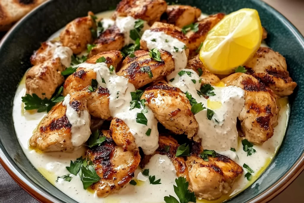 Juicy Lebanese lemon garlic chicken thighs baked with fresh lemon slices and herbs on a white serving plate.