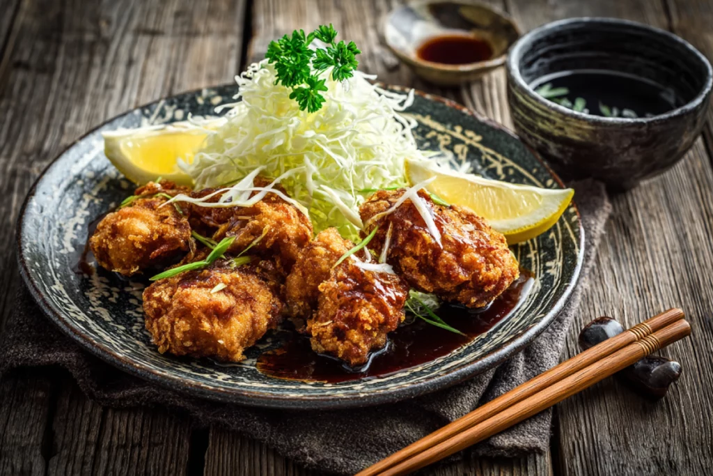 Air Fryer Japanese Fried Chicken served with lemon and cabbage