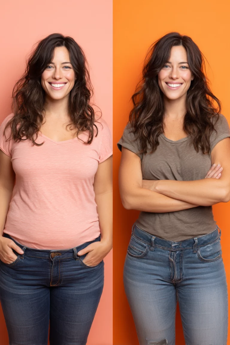 Split image showing the same woman before and after weight loss, highlighting her transformation in health and confidence.