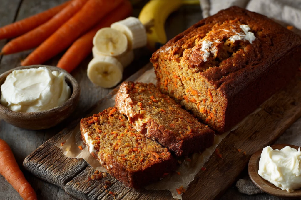 Carrot cake banana bread loaf sliced on wooden board in cozy kitchen