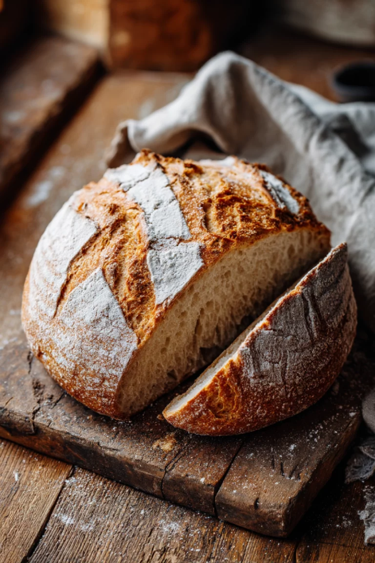 Freshly baked organic gluten-free sourdough bread with golden crust and airy crumb