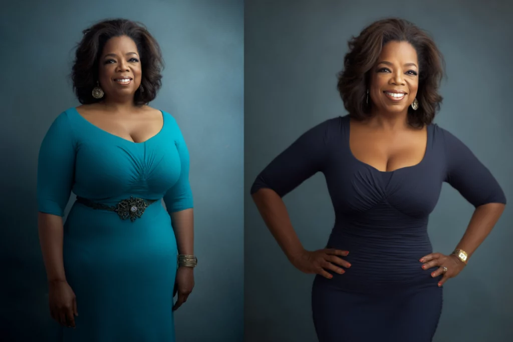 Oprah Winfrey before and after weight loss transformation, standing confidently in elegant dresses