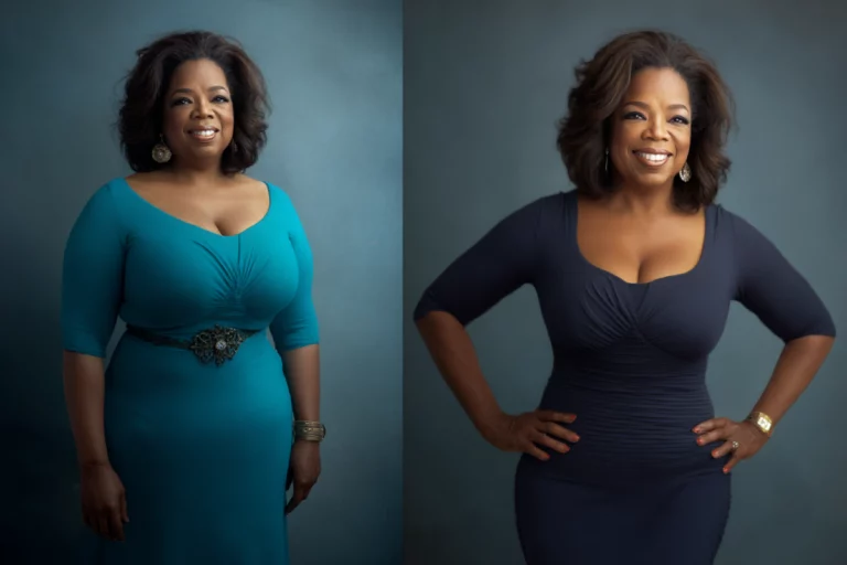 Oprah Winfrey before and after weight loss transformation, standing confidently in elegant dresses