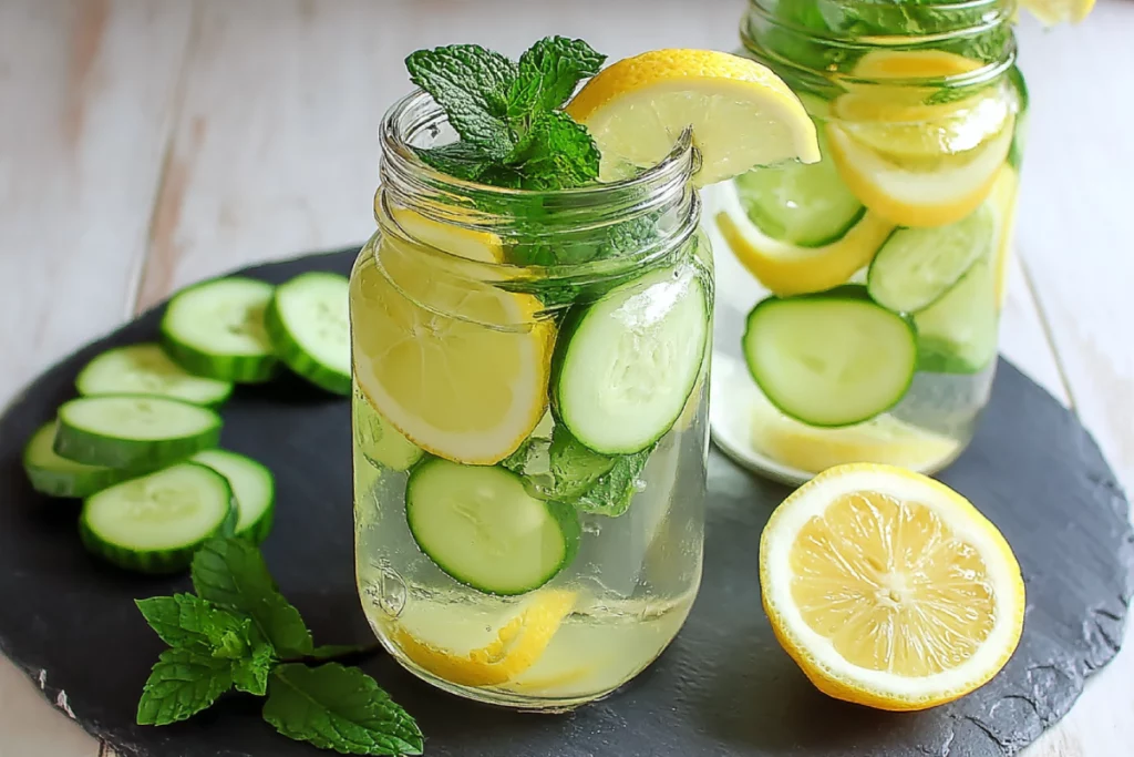 Glass pitcher with lemon, cucumber, mint leaves, and ice cubes on a rustic wooden table – ingredients for a refreshing low calorie weight loss detox water. low calorie weight loss lemon cucumber mint water