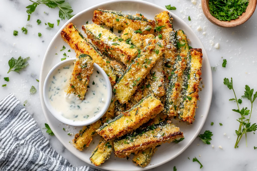 Healthy air fryer zucchini fries in ceramic bowl with dip
