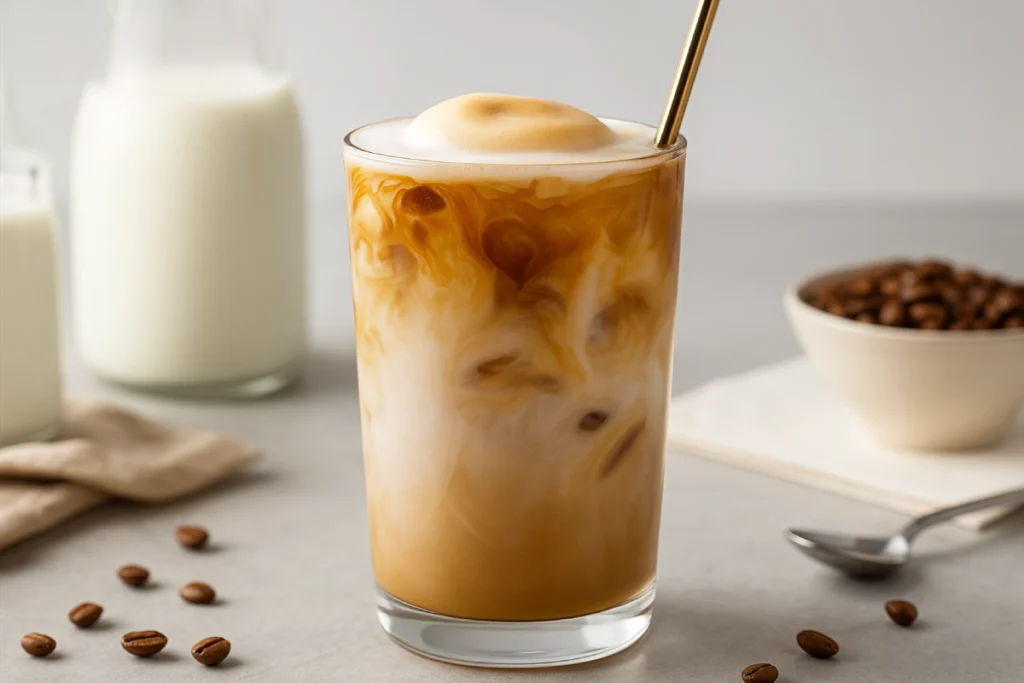 Tall glass of Adele coffee loophole recipe with cinnamon and turmeric swirls and foam