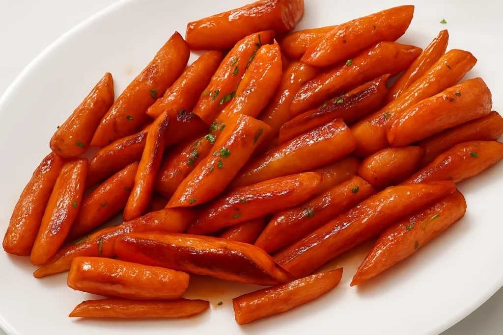 Glazed roasted carrots served on a white plate with parsley garnish
