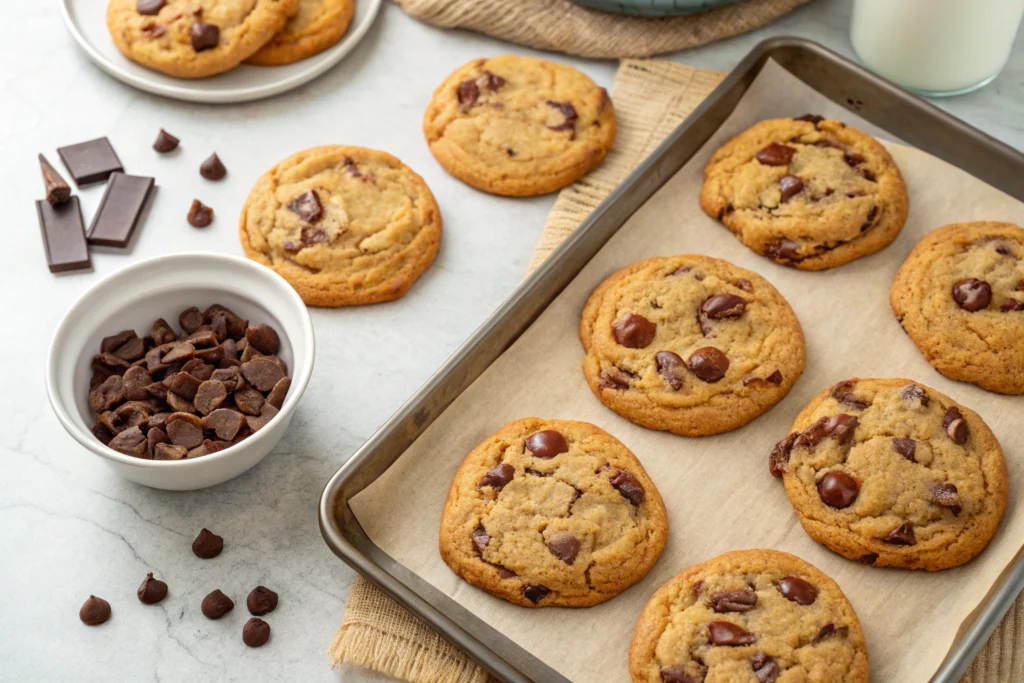Chocolate chip cookies on a rustic wooden table with melted chocolate and cookie crumbs