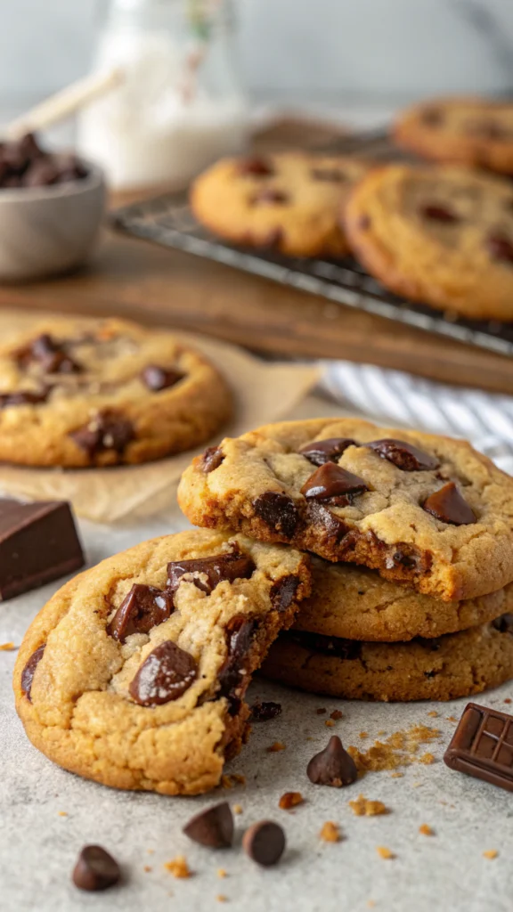 Freshly baked chocolate chip cookies stacked on a cooling rack