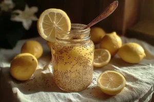 Glass jar of bariatric seed recipe with chia seeds and lemon for weight loss